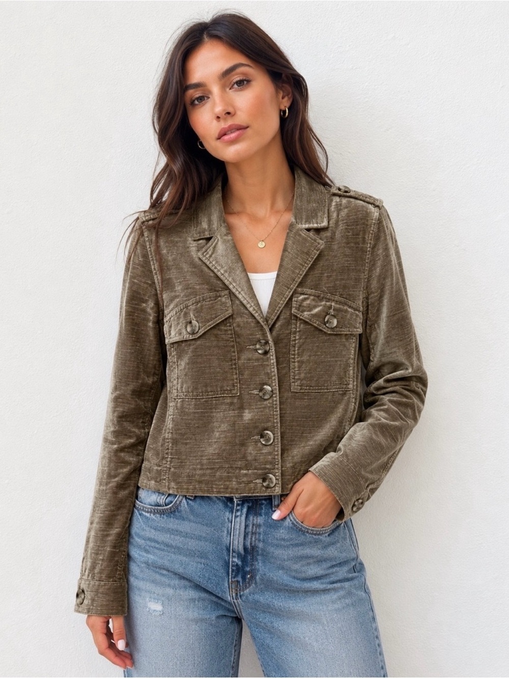 CAbi Sunday Topper Jacket. Olive-Platinum Military-Inspired. Size Medium